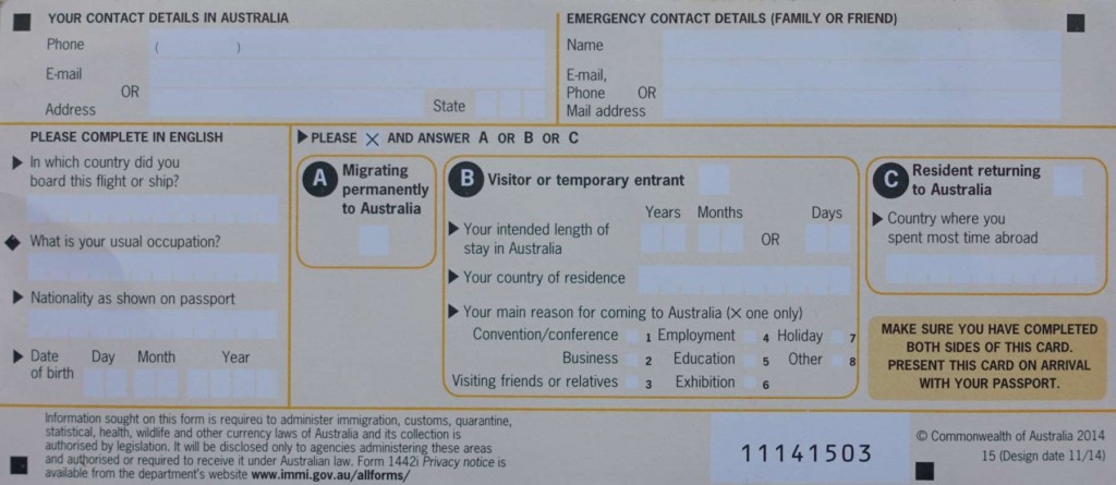 Arrival Card Australien – Seite 2